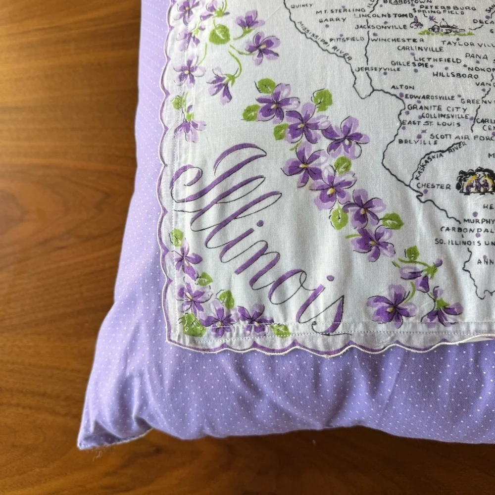 Vintage Illinois Handkerchief Pillow Violets Shabby Chic Retro Country Decor